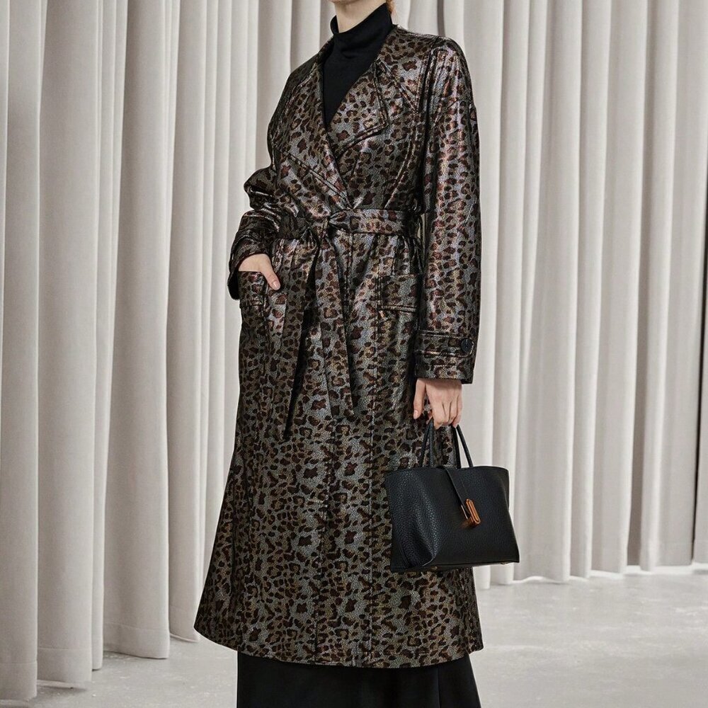 Multicolor Elegant Women's Leopard Print Faux Leather Trench coat / Jacket